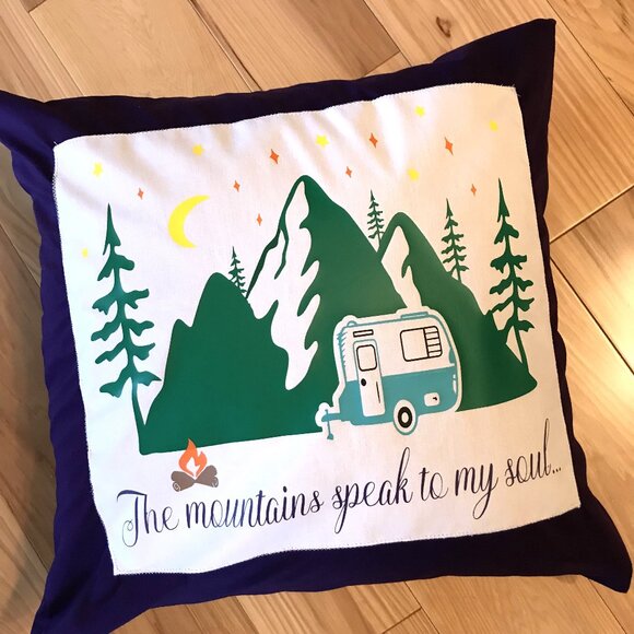 Mountain Camping Pillow Cover, 18x18: Handmade Vintage Camper Teal Purple Decor - Picture 9 of 10